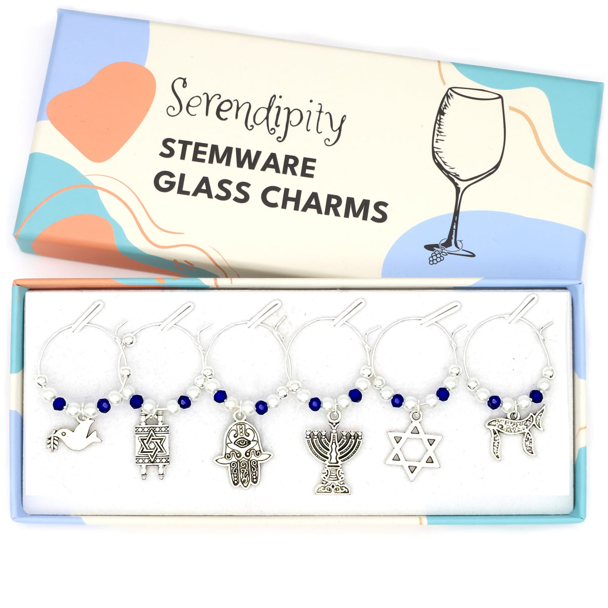 Serendipity wine glass charms featuring menorah, dreidel, and Star of David for easy glass identification