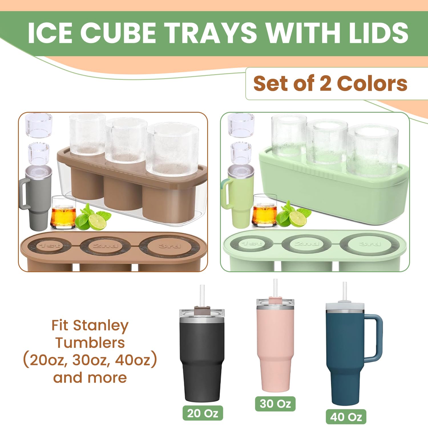 SERENEWARE ice mold with tray and lid fits Stanley tumblers 20oz to 40oz