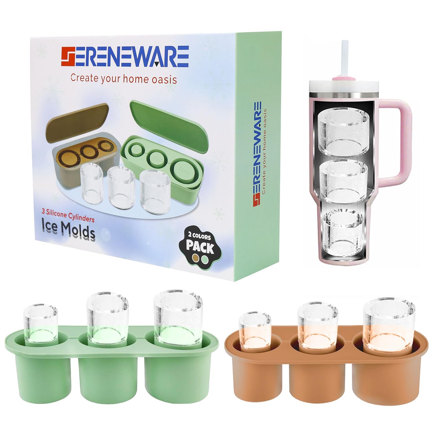 SERENEWARE silicone ice mold for Stanley creates cylindrical cubes in brown and green pack
