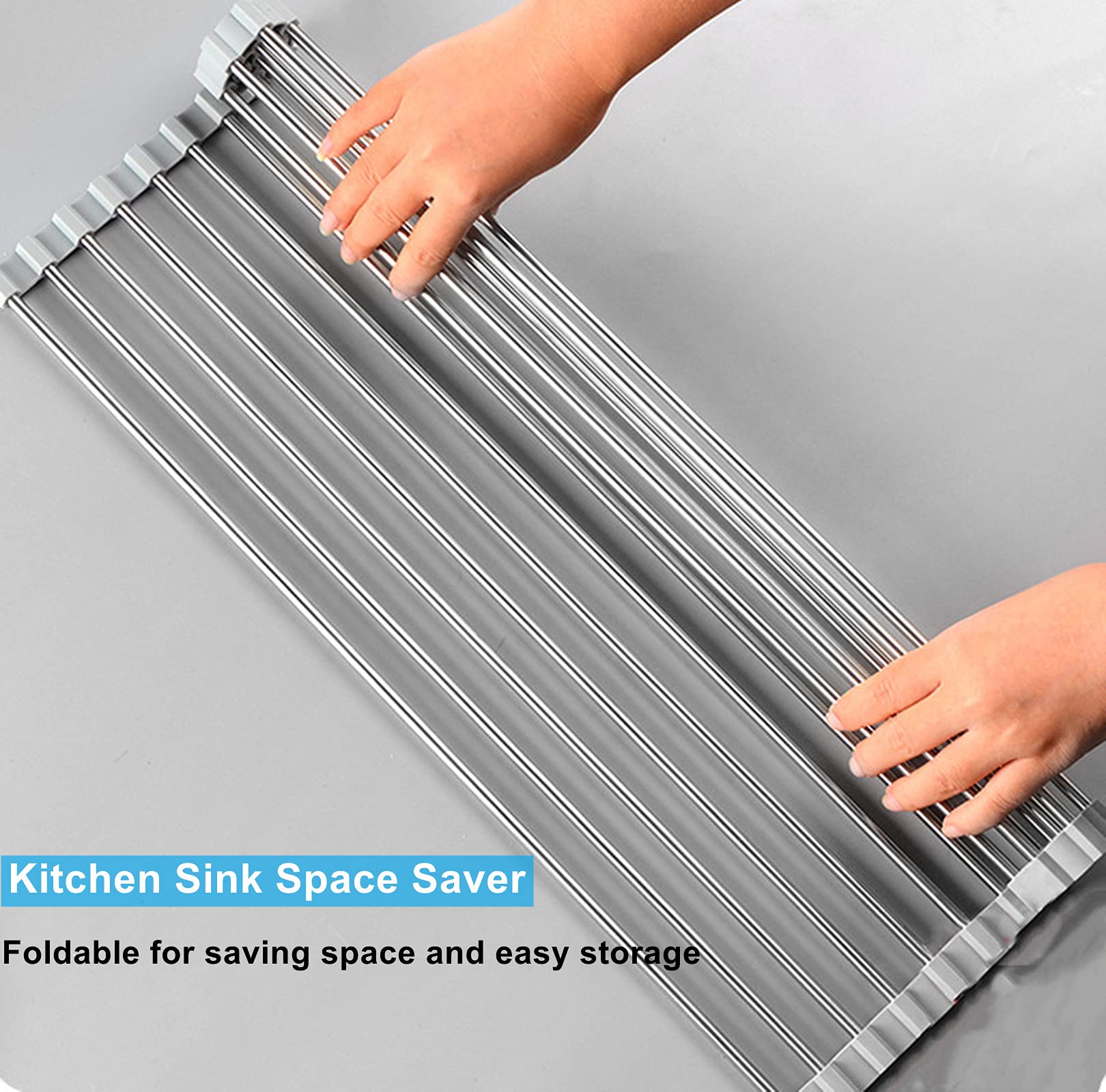 Seropy foldable stainless steel rack with over-sink design saves counter space.