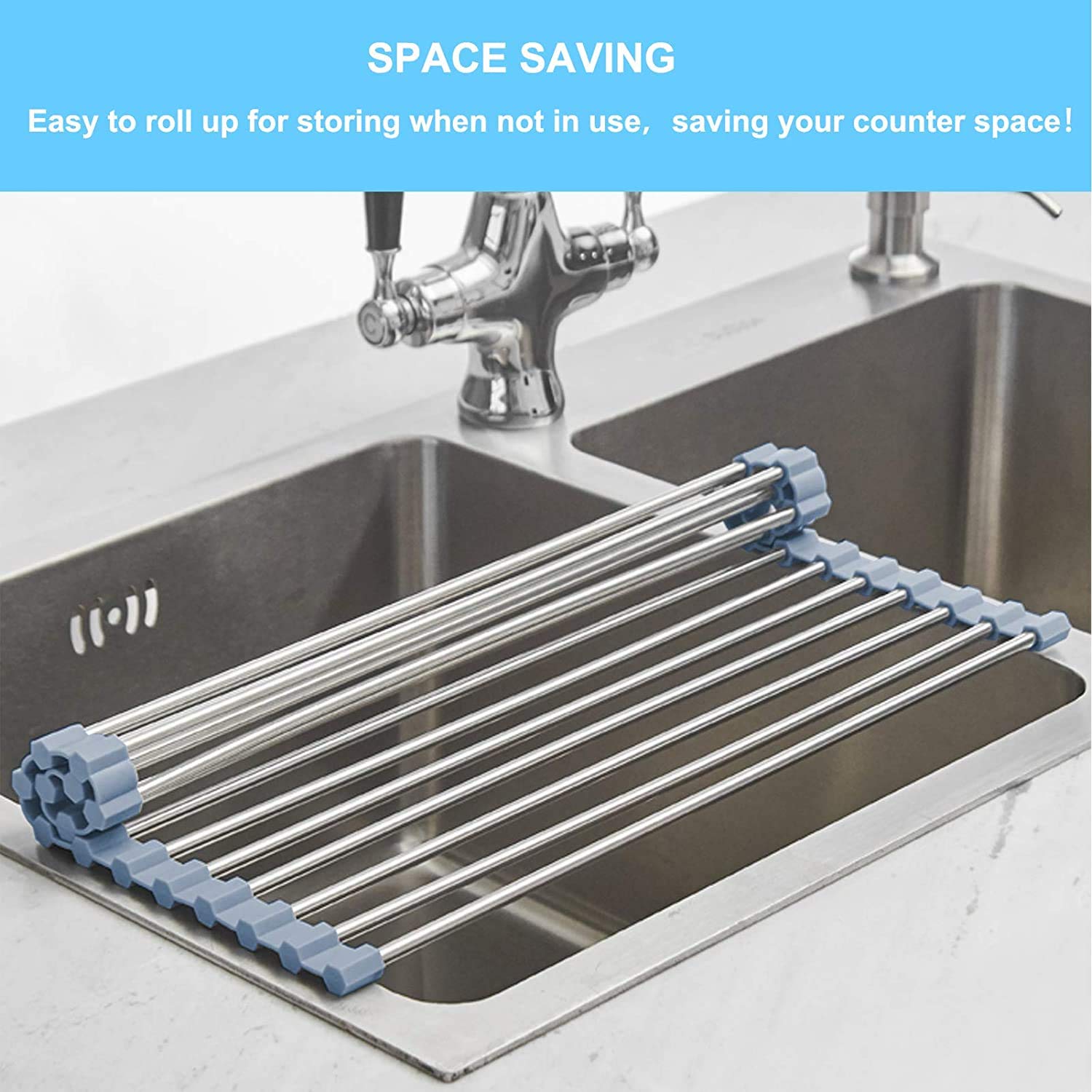 Seropy roll-up rack over sink used for air-drying dishes and vegetables.