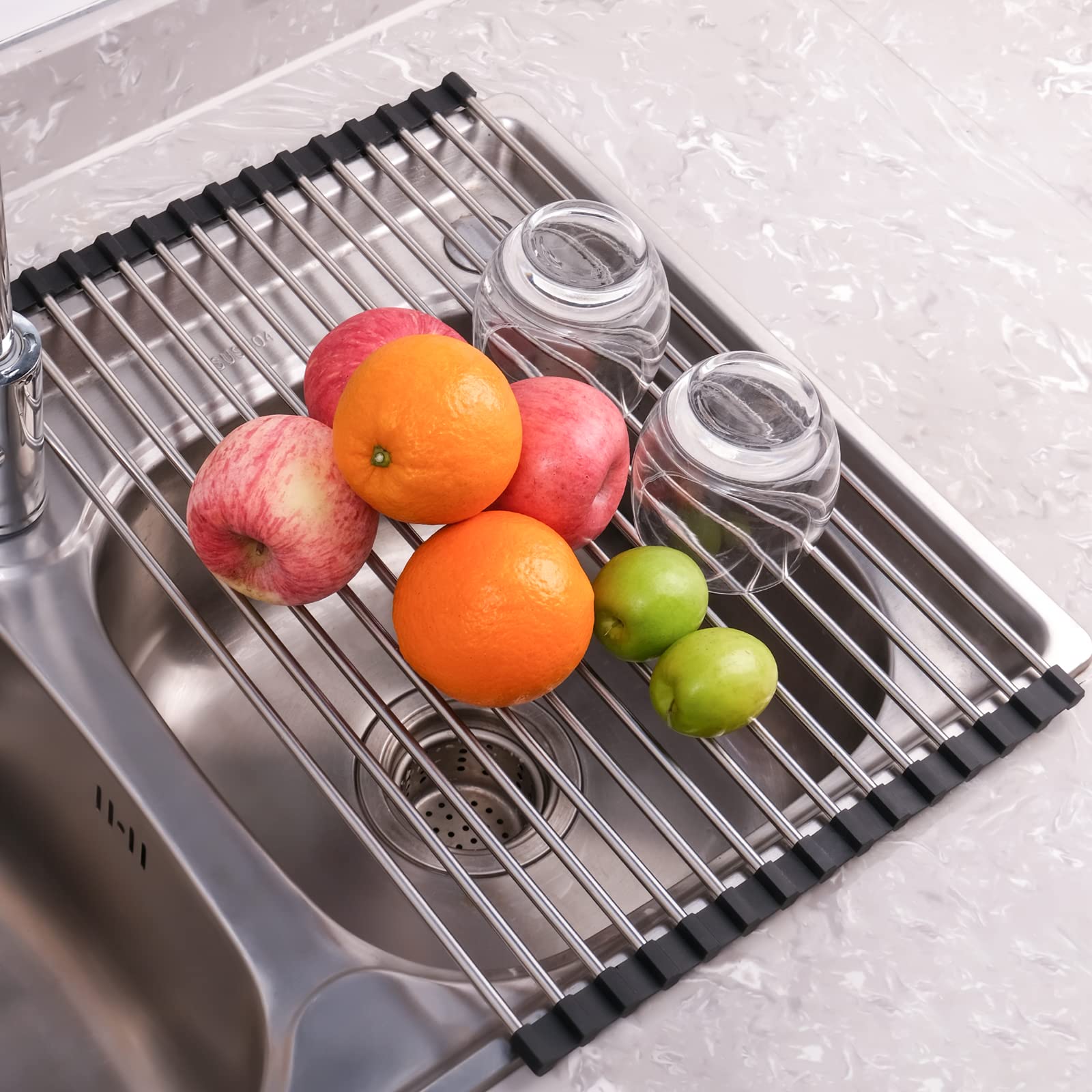 Seropy roll-up folding-dish-rack demonstrates quick, tidy storage over the sink.