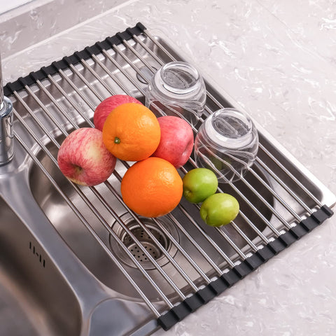 Seropy roll-up folding-dish-rack demonstrates quick, tidy storage over the sink.