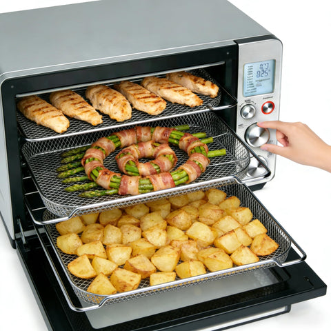 SettleDown air fryer basket in Breville Smart Oven Pro highlights even heat circulation