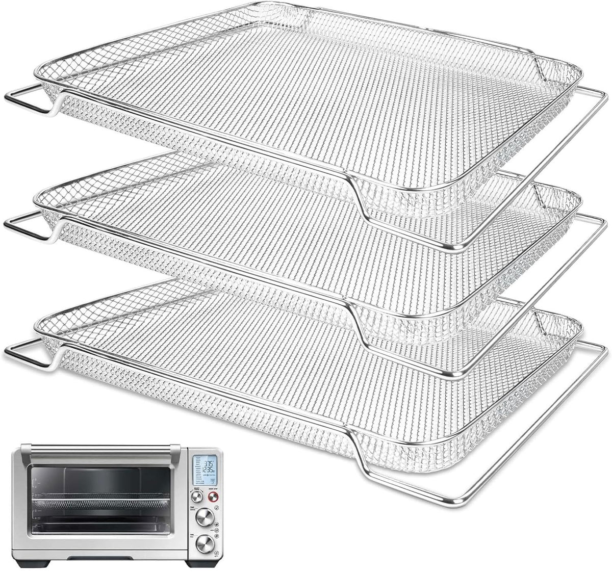 SettleDown three-pack air fryer baskets for Breville Pro on a kitchen counter offering versatile cooking options