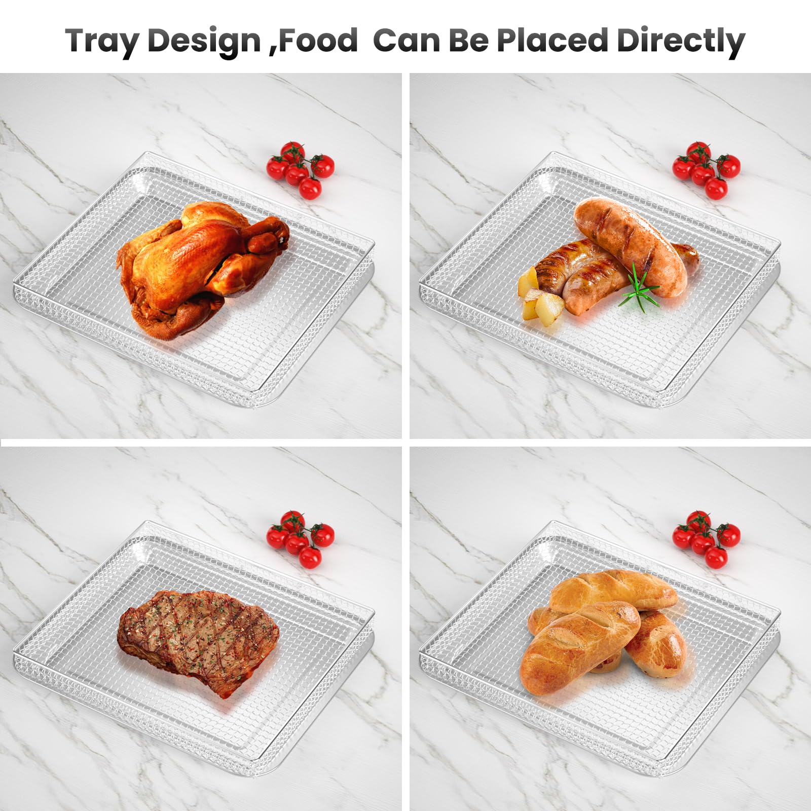 SettleDown elevated mesh basket improves air flow for crisp fries.