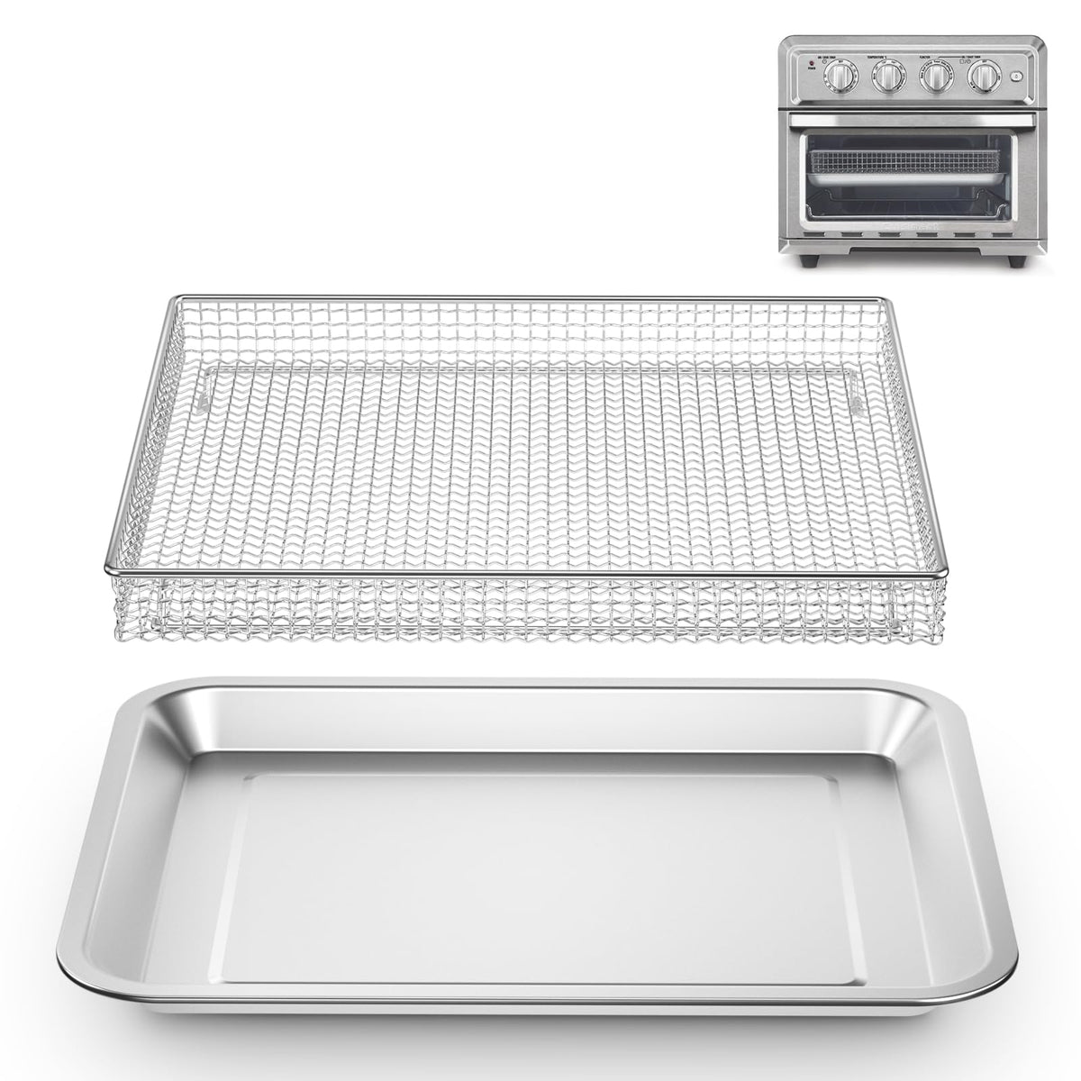 SettleDown stainless steel air fryer basket with mesh design promotes even cooking.