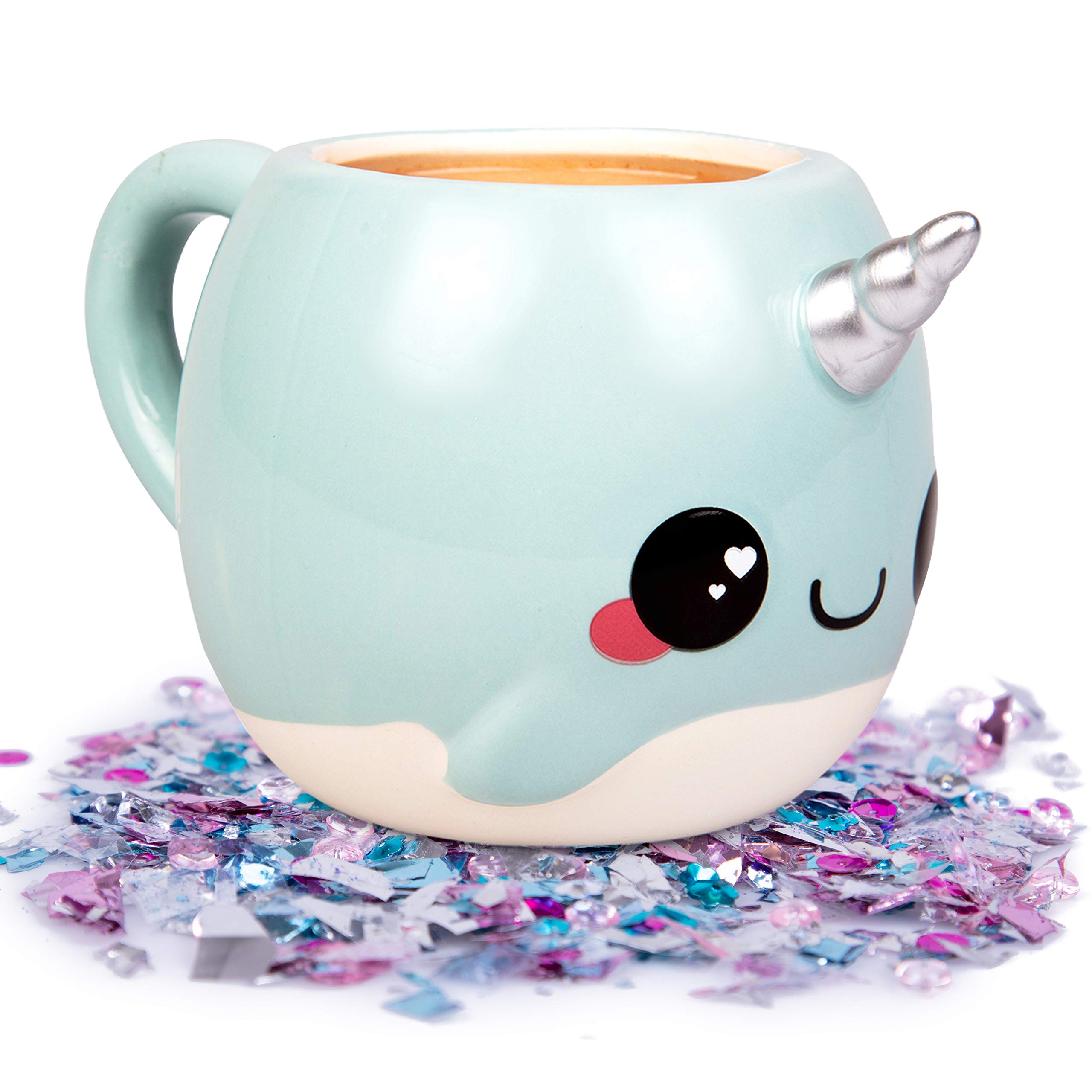 Seven20 Glitter Galaxy narwhal mug front view in blue for cozy mornings.