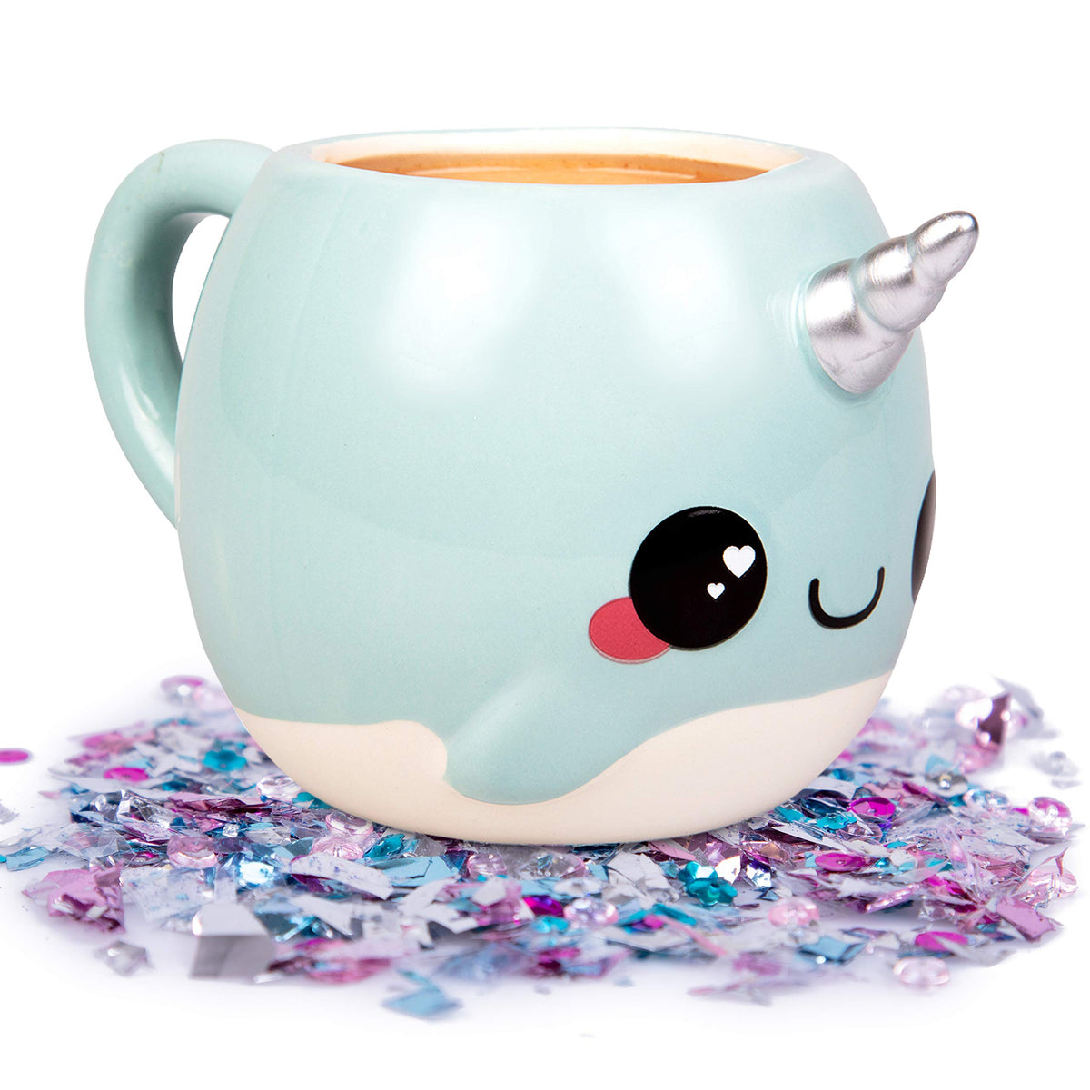 Seven20 Glitter Galaxy narwhal mug front view in blue for cozy mornings.