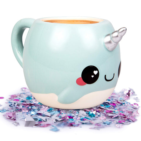 Seven20 Glitter Galaxy narwhal mug front view in blue for cozy mornings.