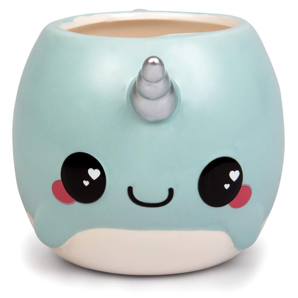Side view of the blue Glitter Galaxy narwhal mug.