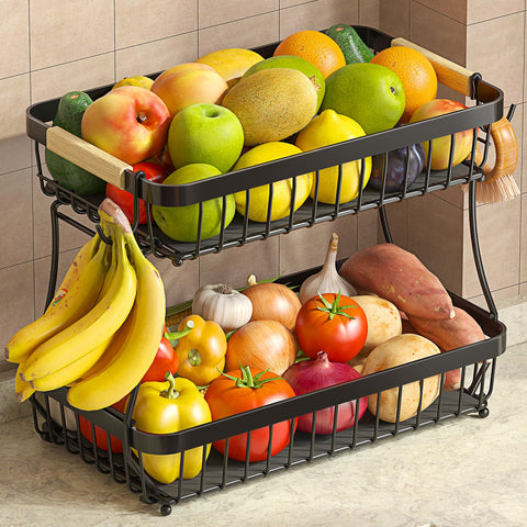 Sevenblue 2-tier fruit basket with banana hangers keeps fruit organized on the counter.