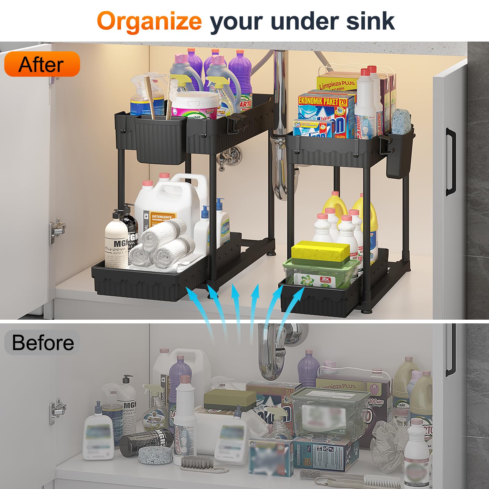 Sevenblue two-tier pull-out storage for easy access to cleaners and snacks.
