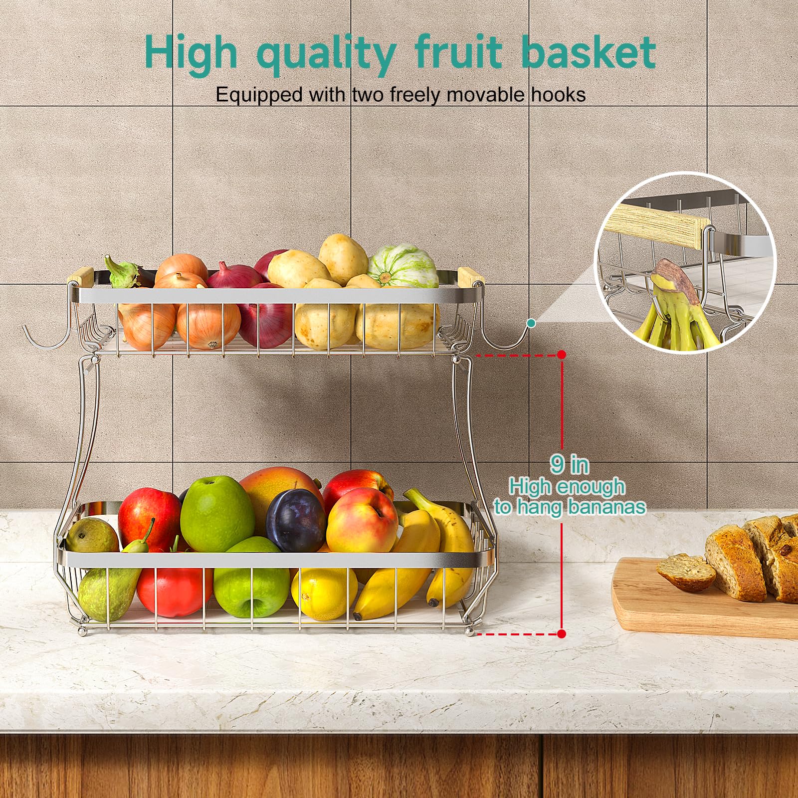 Close-up of Sevenblue banana hanger for easy, bruise-free hanging fruit.