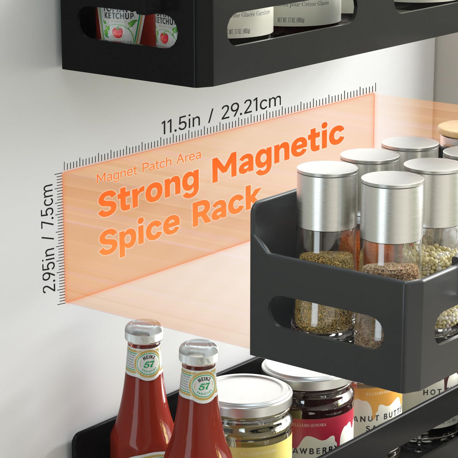 Sevenblue four-pack spice racks organized in fridge for space-saving storage.