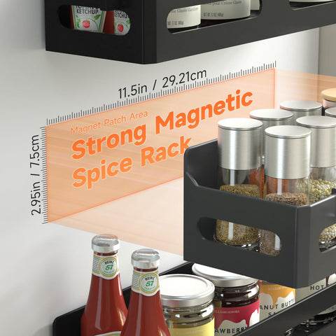 Sevenblue four-pack spice racks organized in fridge for space-saving storage.