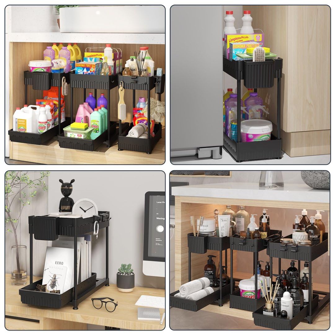 Sevenblue multi-use organizer fits kitchen and bathroom cabinets for decluttered spaces.