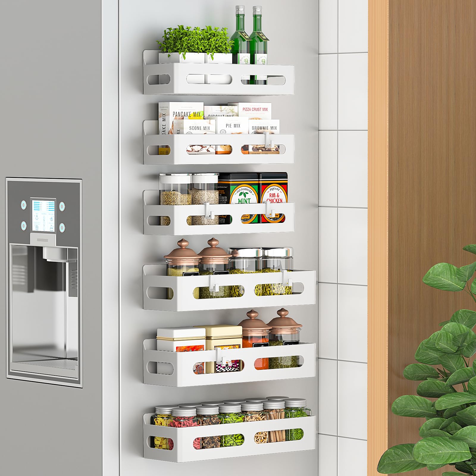 Sevenblue fridge-mounted magnetic spice rack keeps jars organized and within reach.