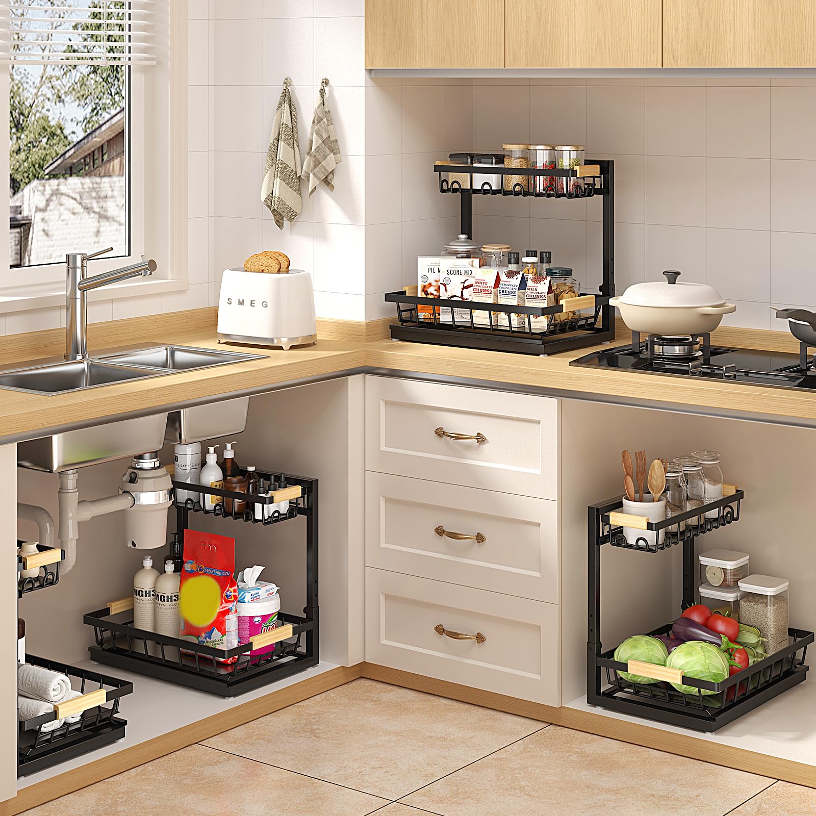 Sevenblue multi-purpose shelf works in kitchen and bathroom cabinets.