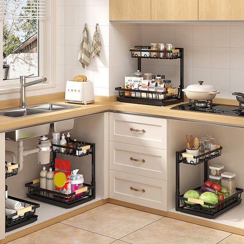 Sevenblue multi-purpose shelf works in kitchen and bathroom cabinets.