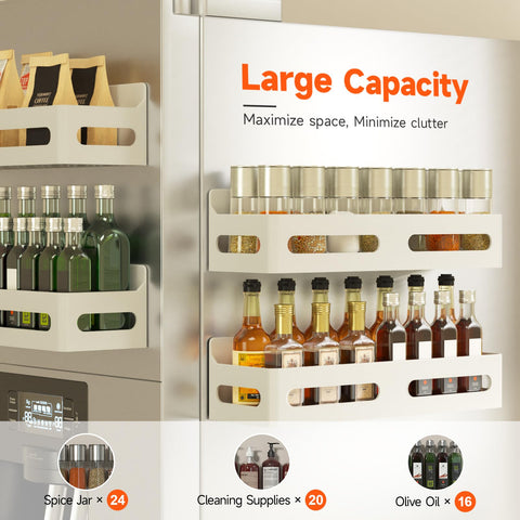 Sevenblue spice jars on fridge rail for easy reach