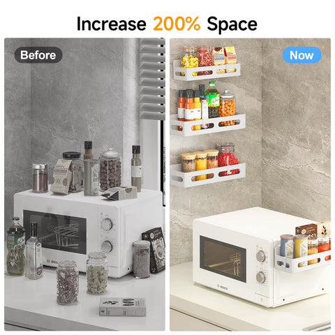 Sevenblue fridge-mounted spice rack displaying up to 12 jars per tier for space efficiency.