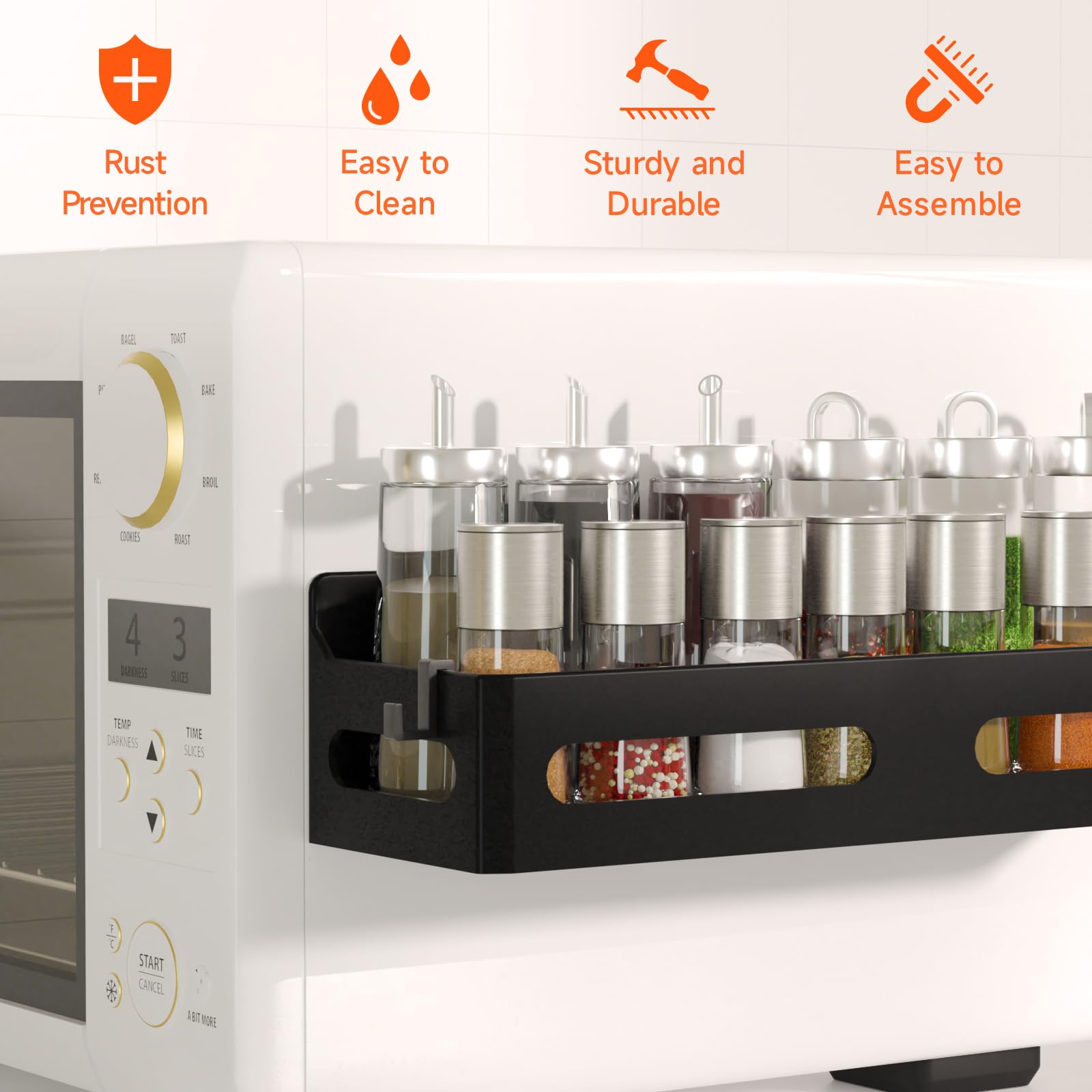 Sevenblue spice rack with four hooks for versatile utensil and spice organization.