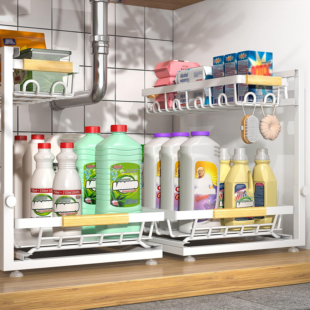 Sevenblue under-sink organizer in a full 2-tier setup boosts storage efficiency in compact spaces.