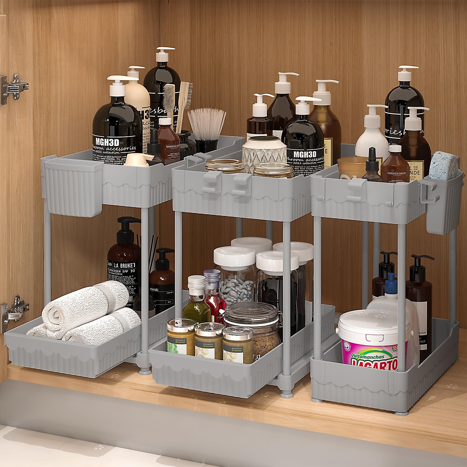 Sevenblue under-sink organizer with sliding two-tier drawer for easy access.
