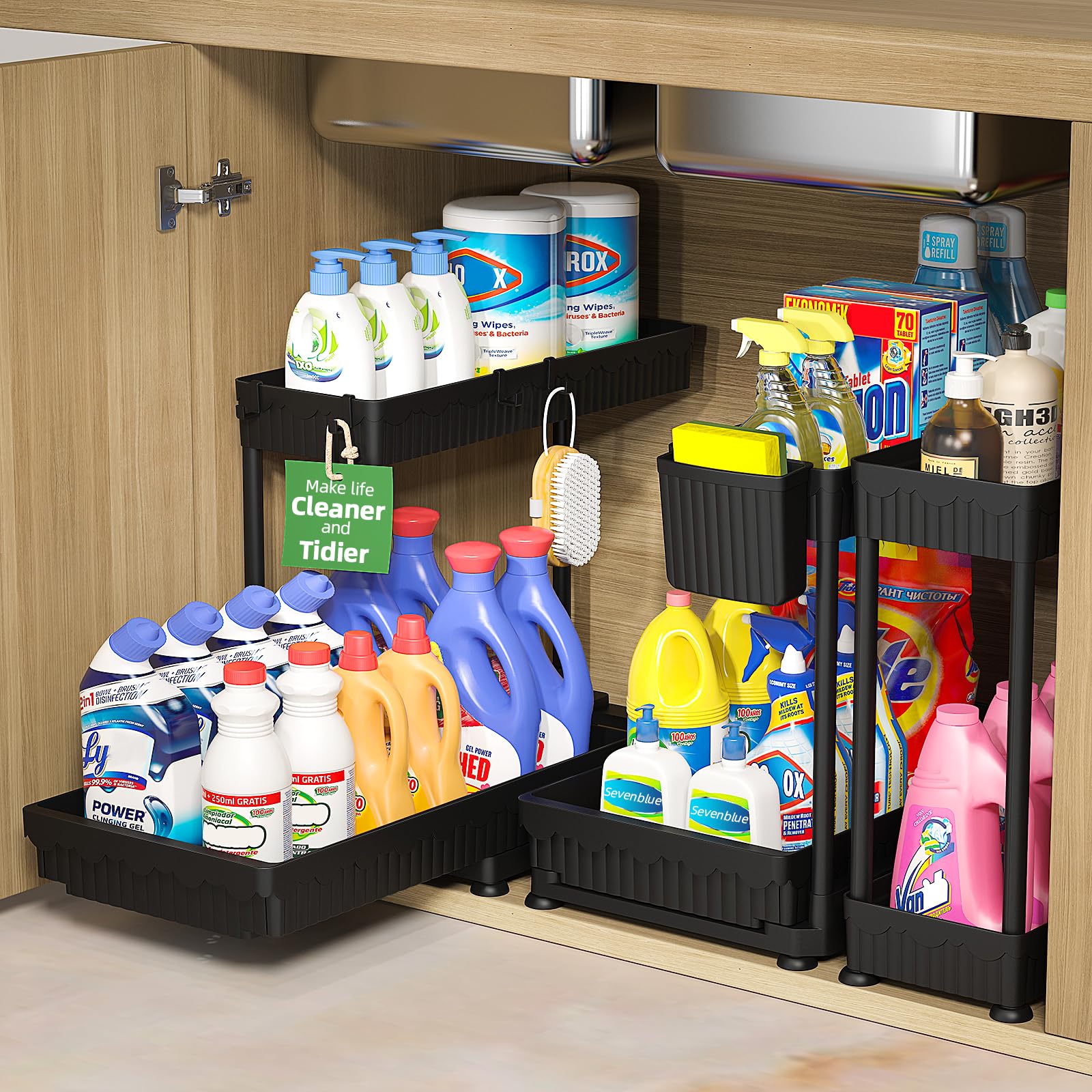 Sevenblue under-sink organizer with L-shaped pull-out maximizes space