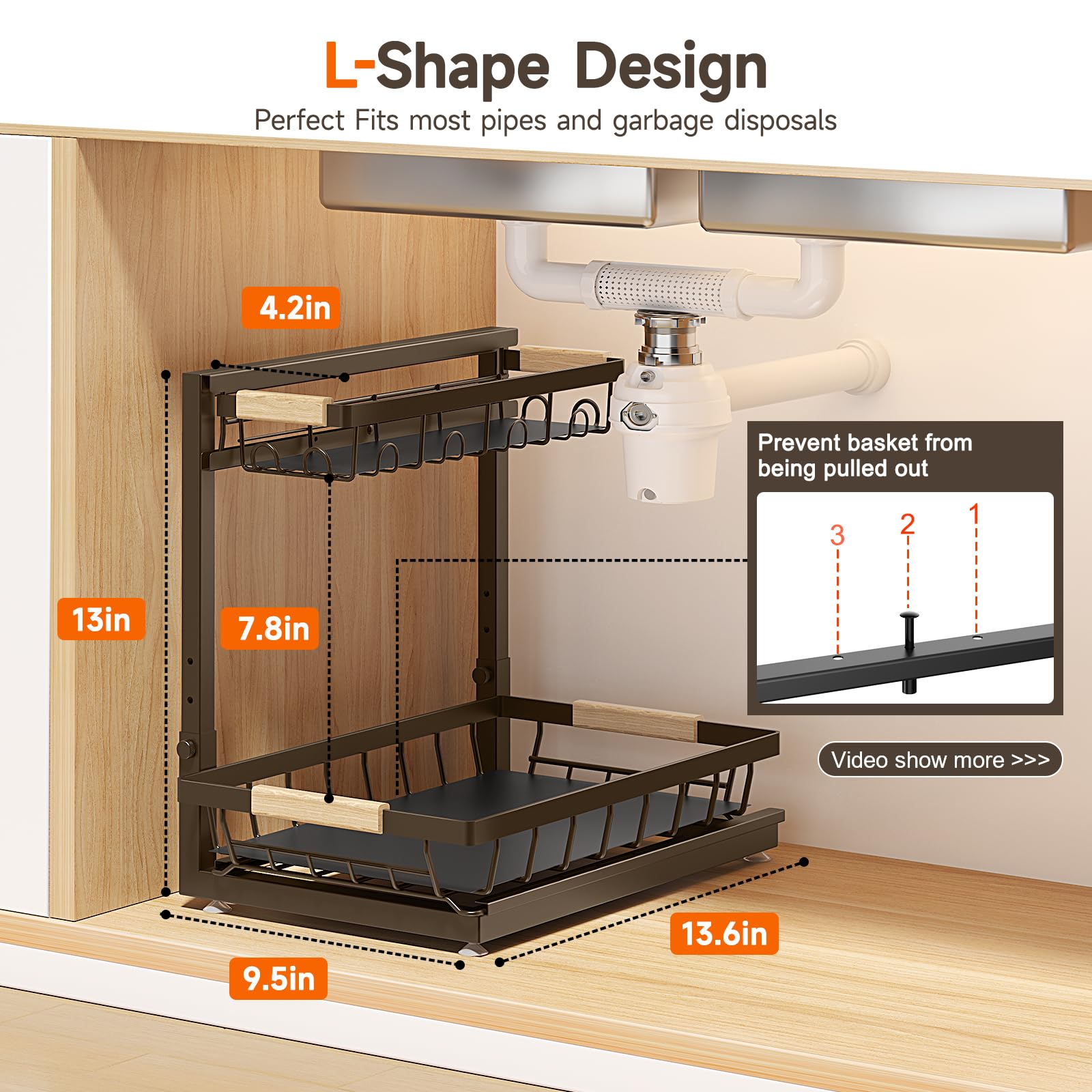 Sevenblue adjustable-height under-sink organizer fits varying cabinet heights.