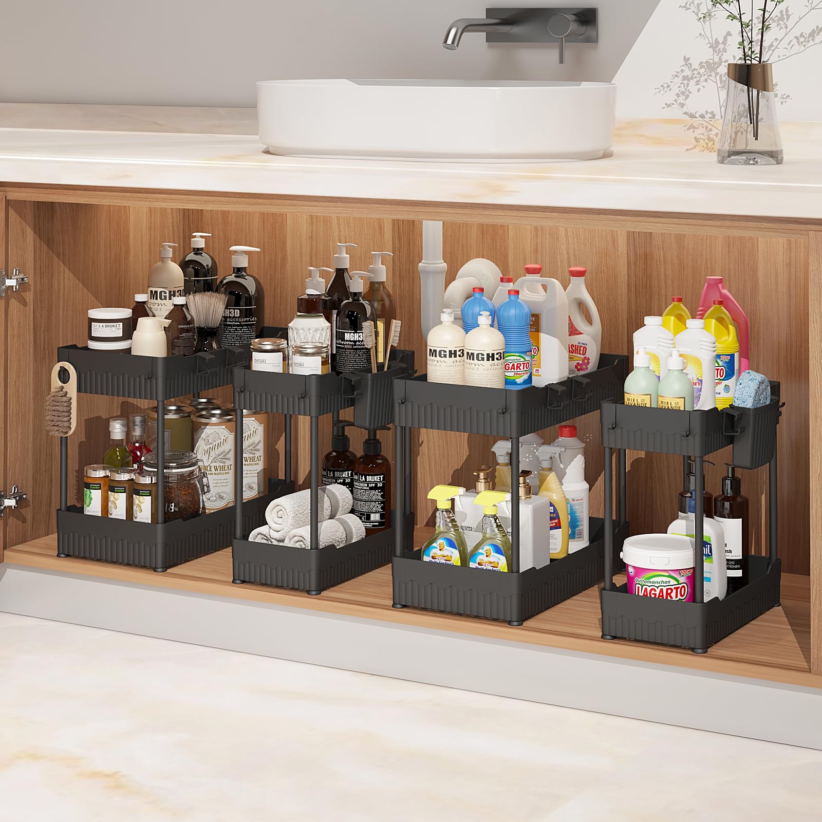 Sevenblue under-sink organizer basket large holds cleaners neatly and frees space