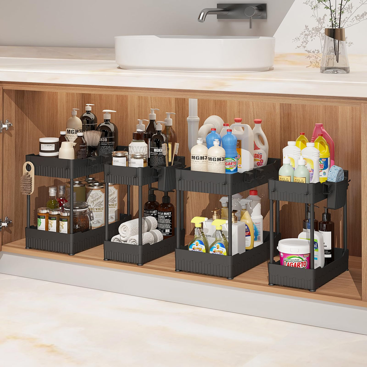 Sevenblue under-sink organizer basket large holds cleaners neatly and frees space