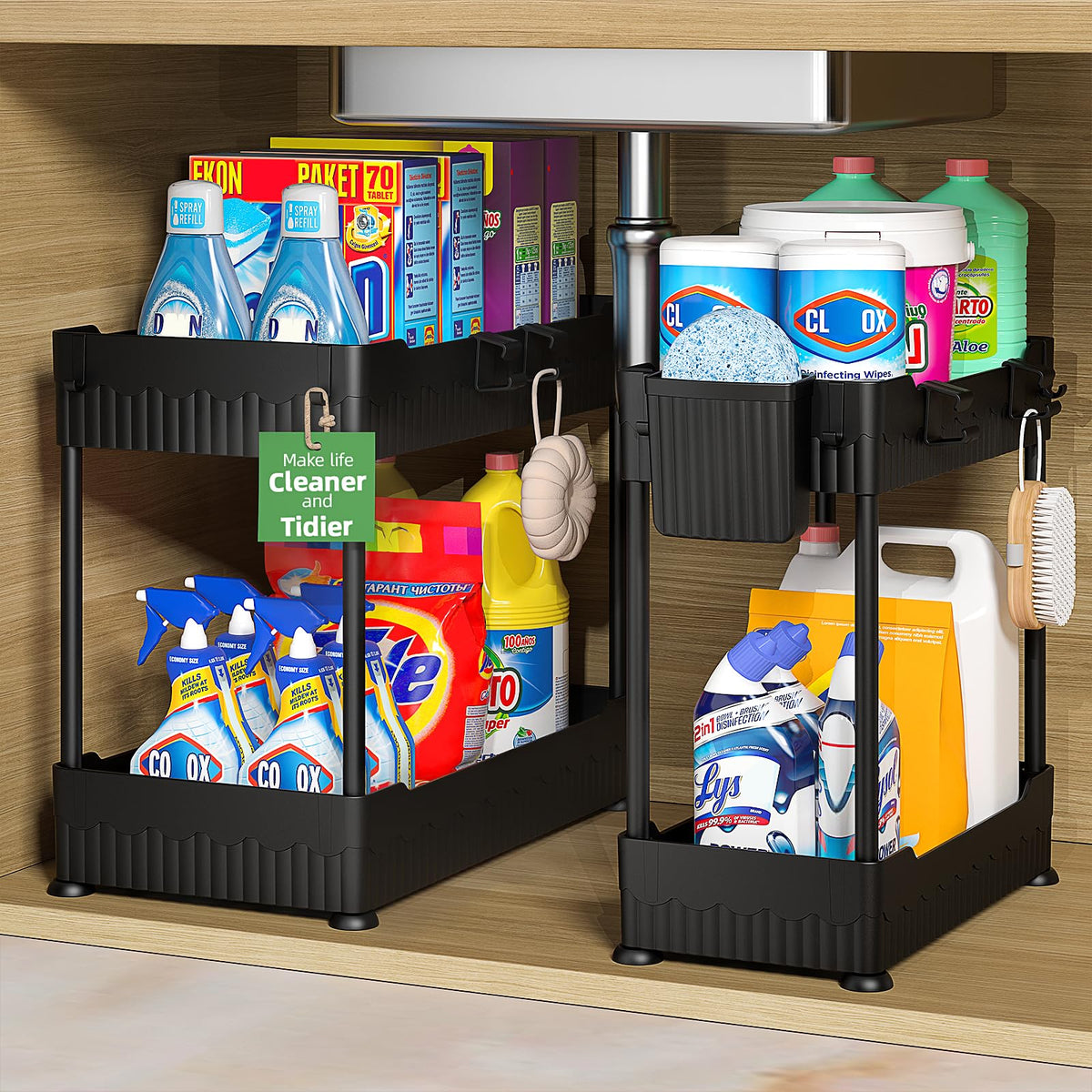 Sevenblue under-sink organizer baskets maximize space under the sink for cleaners and condiments