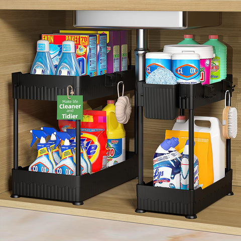 Sevenblue under-sink organizer baskets maximize space under the sink for cleaners and condiments