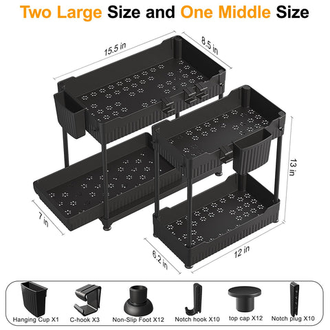 Sevenblue under-sink organizer showing hanging cup attachment for extra storage.