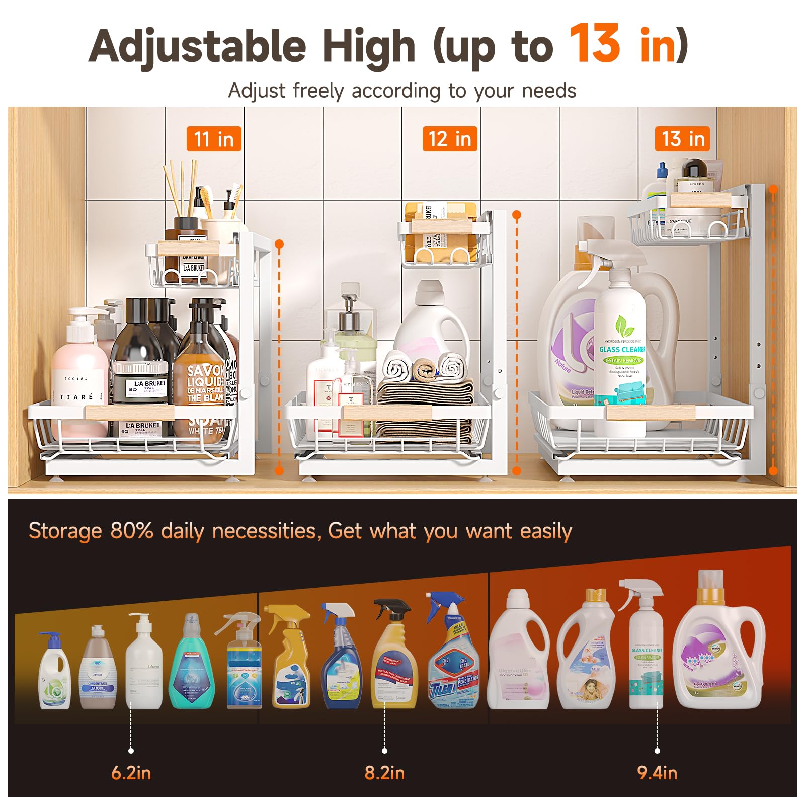 Sevenblue under-sink organizer with L-shaped design highlights pipes-friendly layout for easy access.