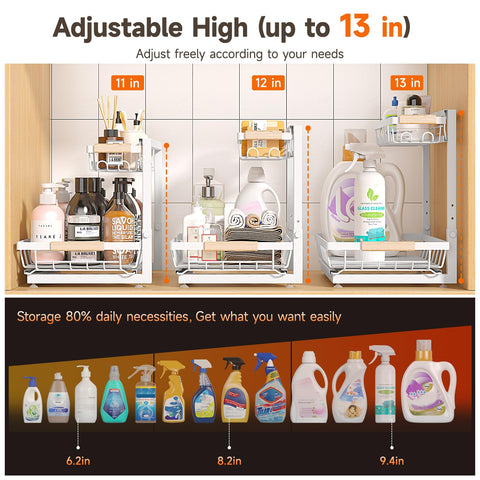 Sevenblue under-sink organizer with L-shaped design highlights pipes-friendly layout for easy access.
