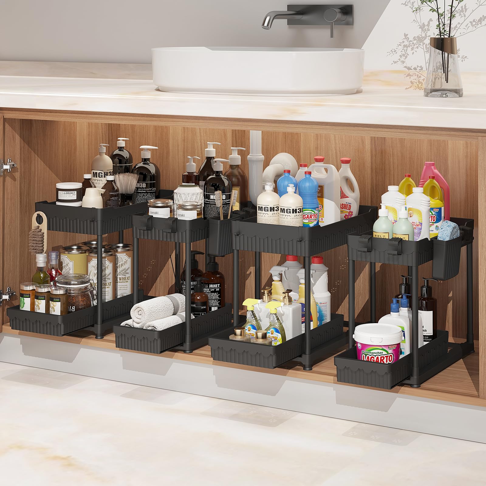 Sevenblue under-sink organizer with a large drawer for bulky bottles.