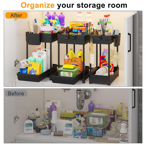 Sevenblue under-sink organizer with non-slip feet keeps shelves steady.