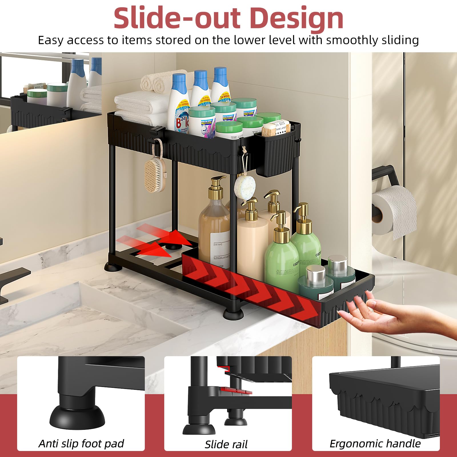Sevenblue under-sink organizer with a small drawer for compact items.