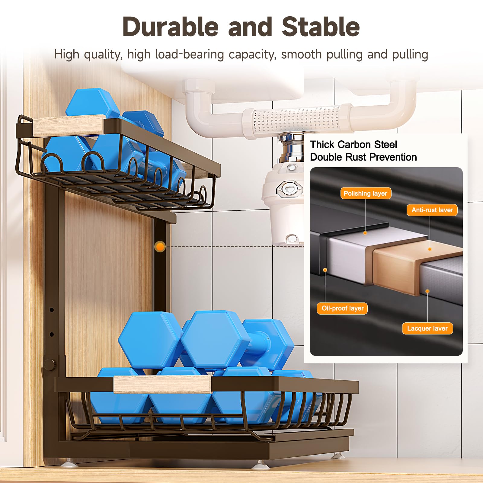 Sevenblue under-sink organizer adapts to kitchens, bathrooms, and cabinets.