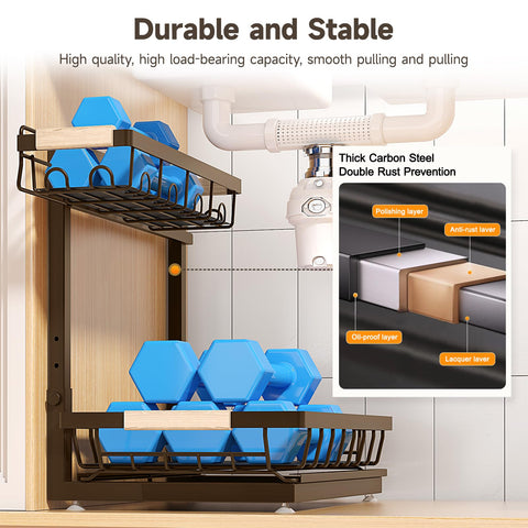 Sevenblue under-sink organizer adapts to kitchens, bathrooms, and cabinets.