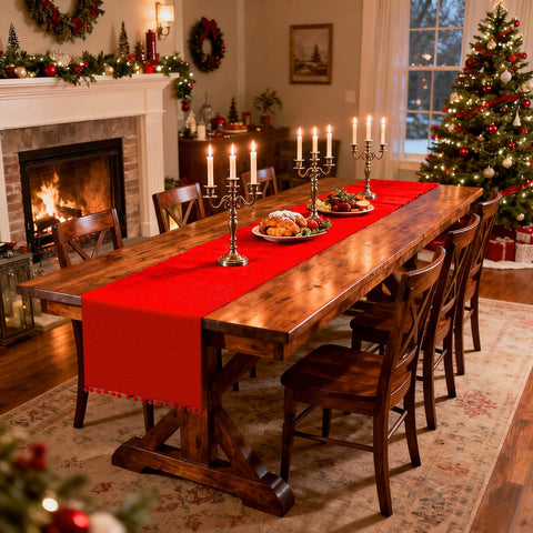 SevenFish red burlap dining runner suited for everyday and celebrations