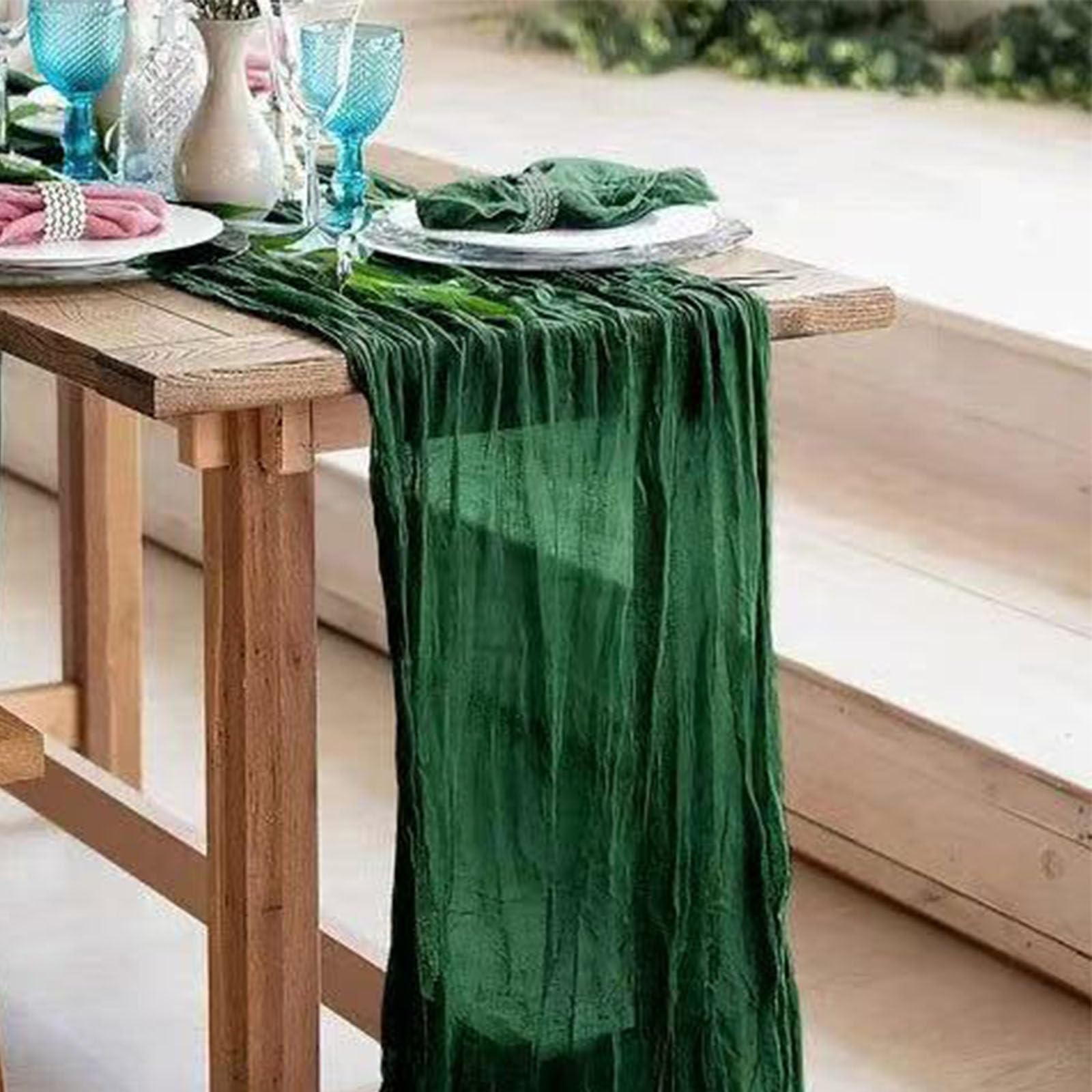 Seveups emerald green cheesecloth runner on display with packaging view.