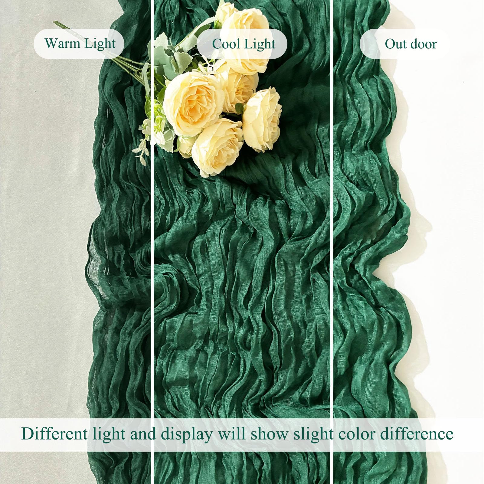 Seveups emerald green cheesecloth runner used as wedding decor element.