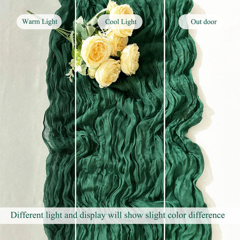Seveups emerald green cheesecloth runner used as wedding decor element.