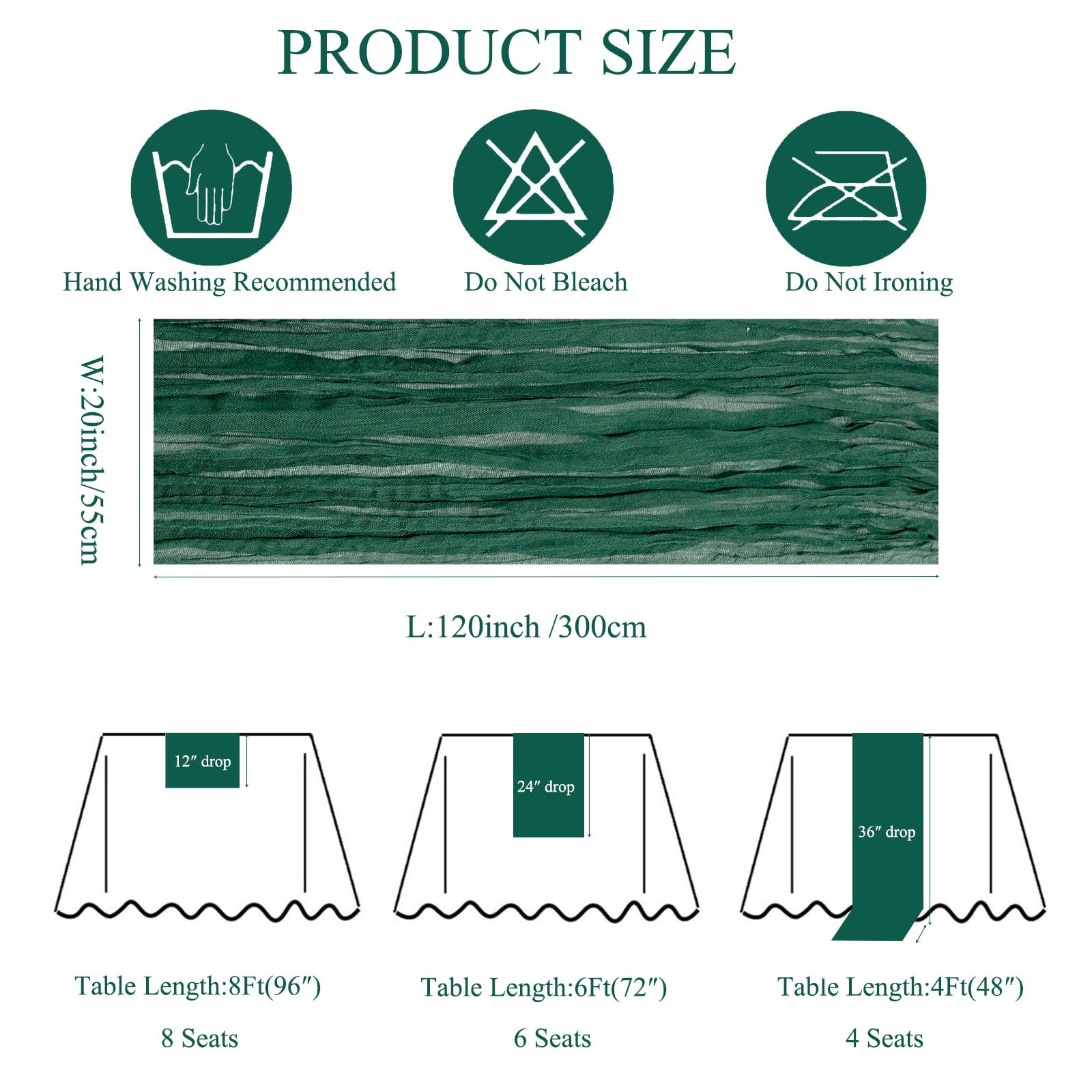 Seveups emerald green cheesecloth runner showing wrinkle texture for elegance.