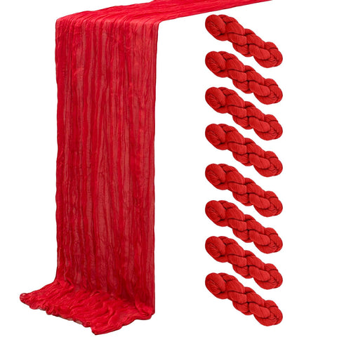 Seveups 8Pack Red Cheesecloth Table Runner over a long dining table adds festive color