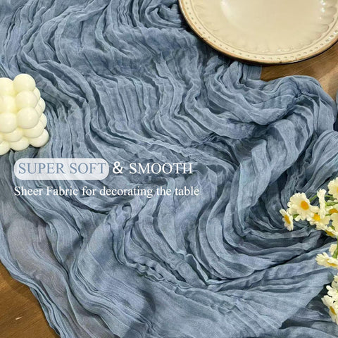 Seveups dusty blue cheesecloth table runner easy care for reuse.